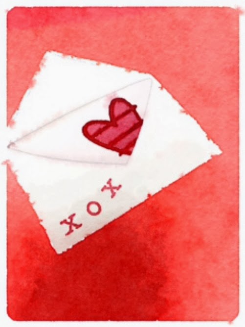 valentine day card watercolor of an envelope with a heart and xox