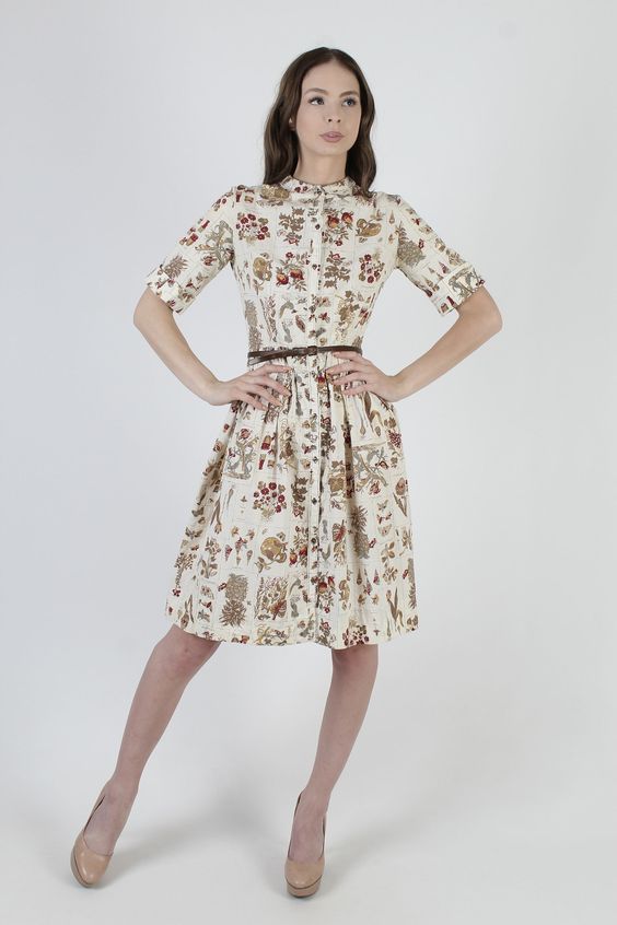 Vintage 50s Country Inspired Print Dress / Garden Floral Wild Birds Butterflies