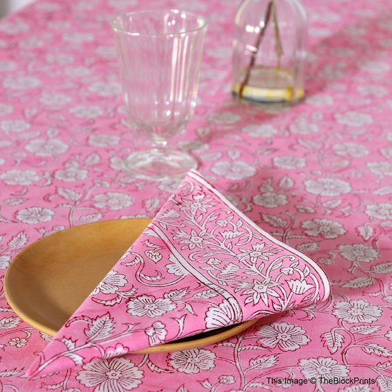Pink block print napkins and tablecloth