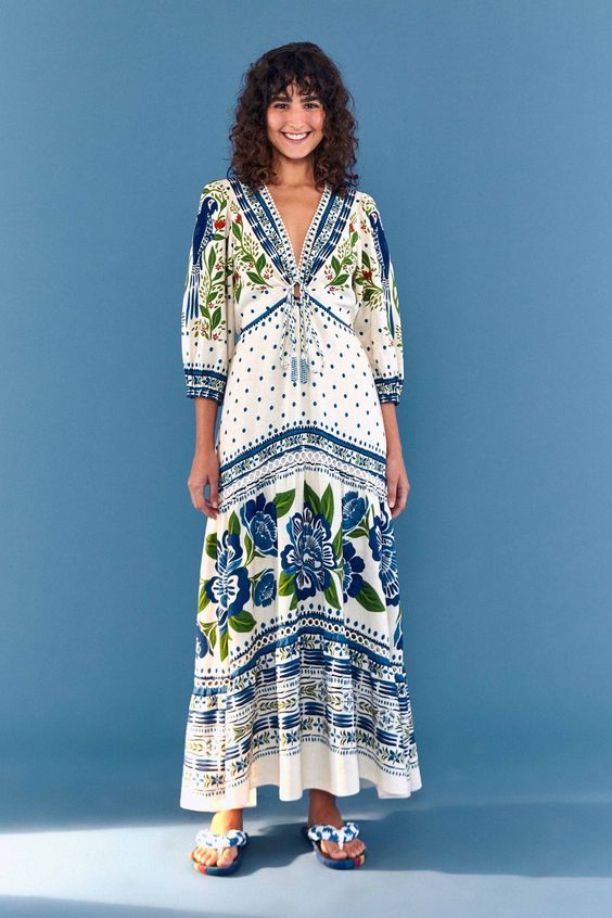 off white and blue farm rio dress with sleeves 