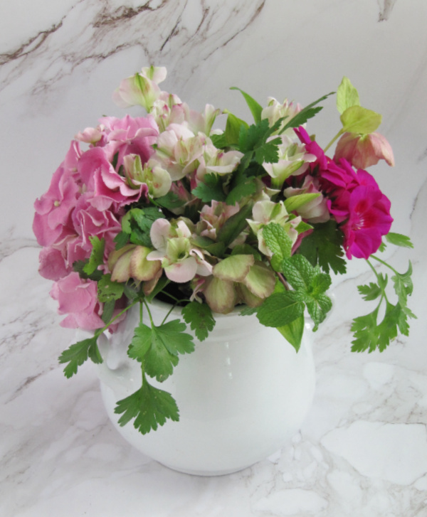 weekend meanderings spring flowers in a white ironstone sugar bowl