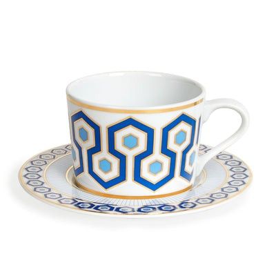 Blue and white Jonathan Adler cup and saucer