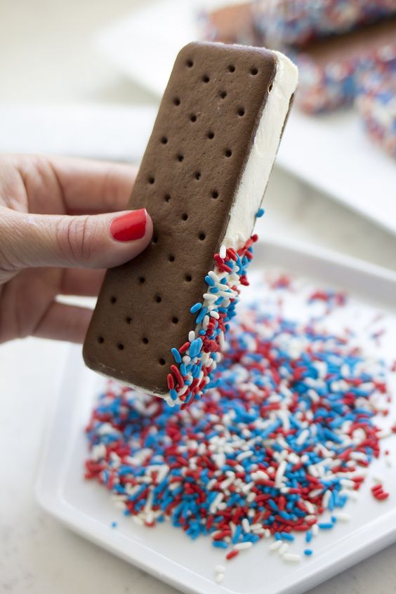 ice cream sandwich and red white and blue sprinkles
