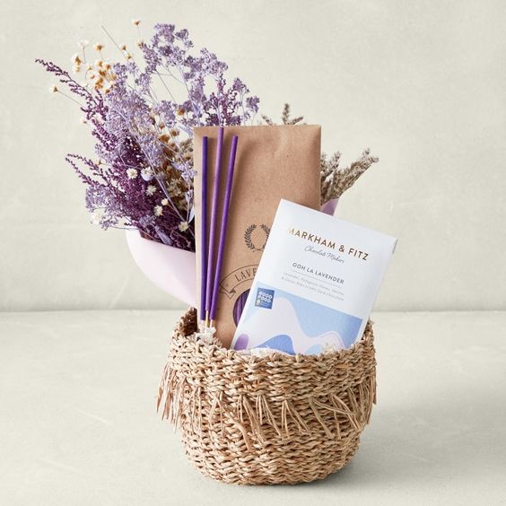 basket filled with dried lavender scent sticks candy