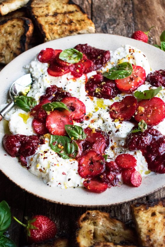 Friday Favorites food Burrata with Balsamic Strawberries & Basil