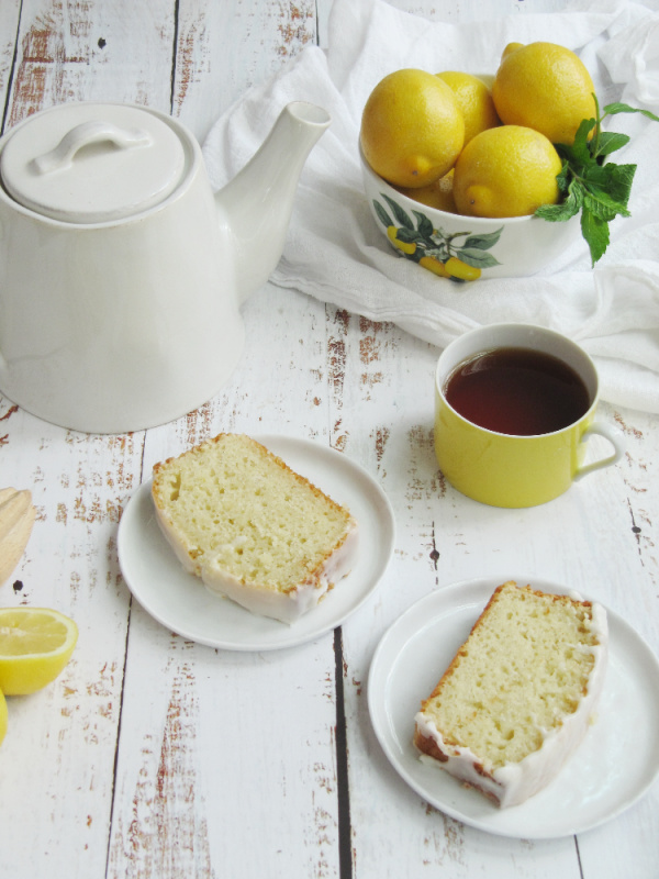 lemon loaf cake with tea teapot and plates crate and barrel