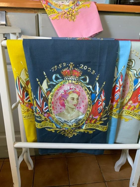 Weekend wanderings jubilee tea towels in blue yellow and pink