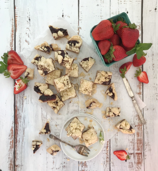 Roasted strawberry bars and basket of berries 