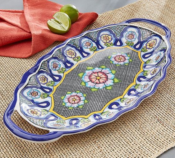 blue and white melamine serving tray