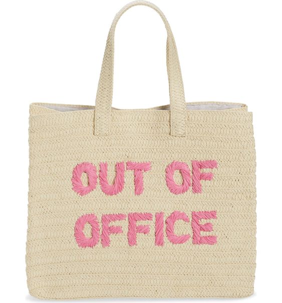 Friday Favorites Straw tote with pink lettering "Out of Office"