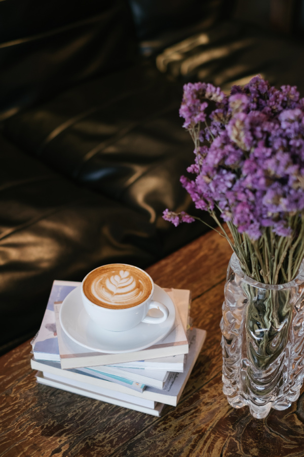 books, flowers and cappuccino