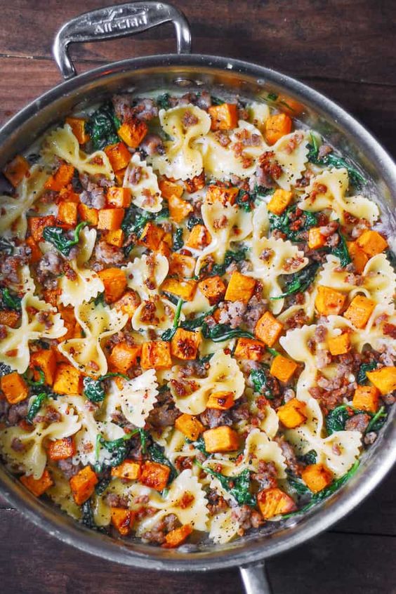 friday favorites Creamy Butternut Squash Pasta with Sausage and Spinach