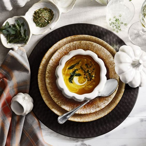 fall favorites williams Sonoma tables cape with white pumpkin bowl