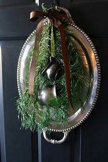 vintage silver tray with evergreen swags
