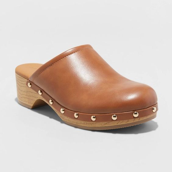 brown leather clogs