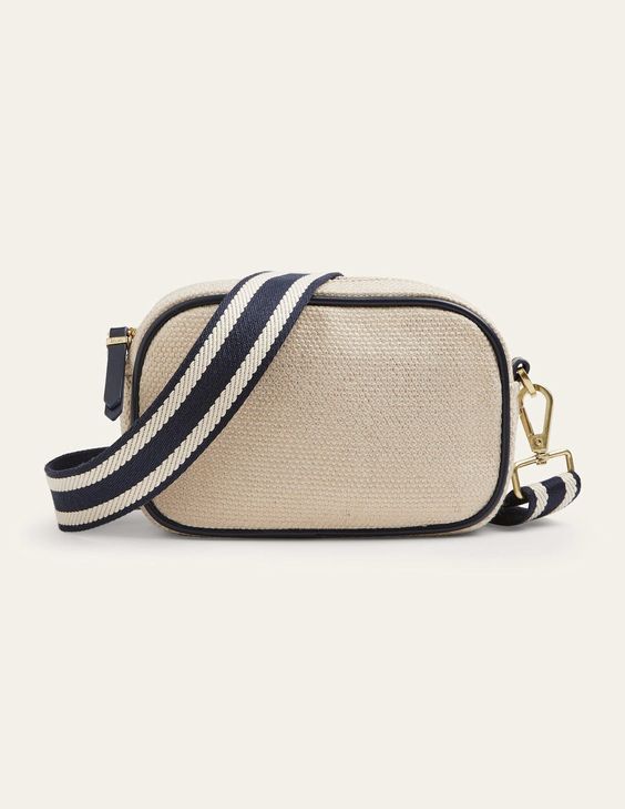 canvas cross body bag tan and blue stripe