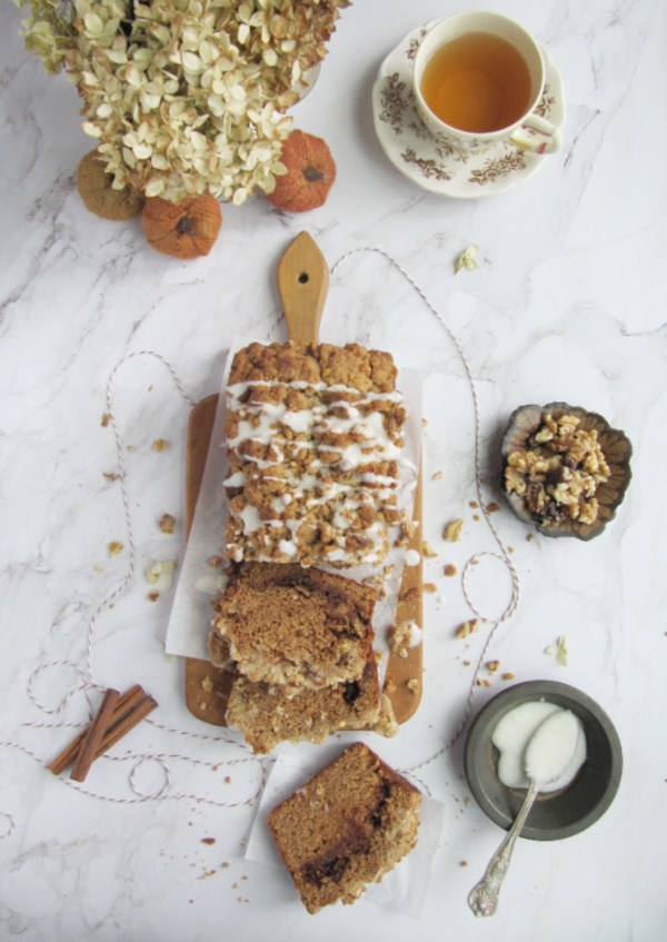 flatlay cinnamon swirl pumpkin bread crumble topping