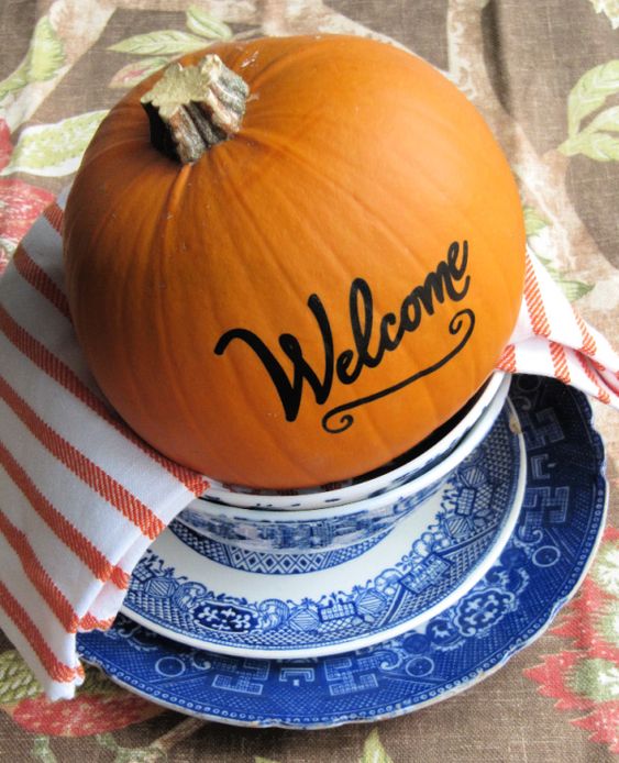 weekend meanderings Orange pumpkin in a blue and white transfer ware bowl
