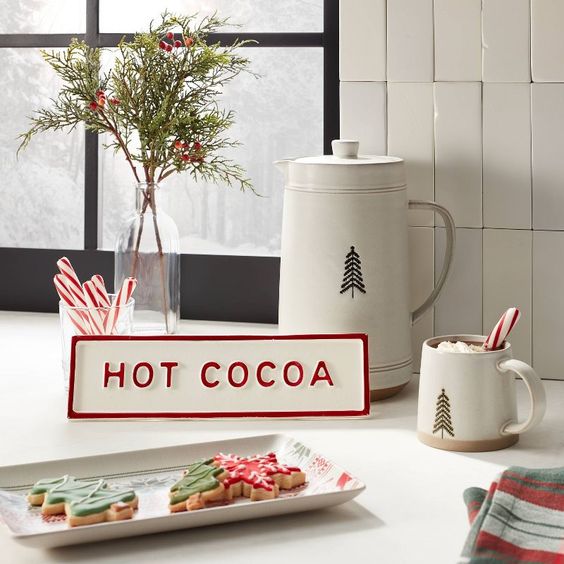 Hearth & Hand Christmas decor hot cocoa cups sign and teapot