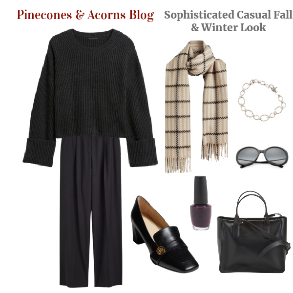 Sophisticated Casual Look collage with black pants sweater glasses bag plaid scarf black shoes.