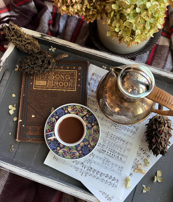 friday favorites flatlay with music book chocolate and hydragneas