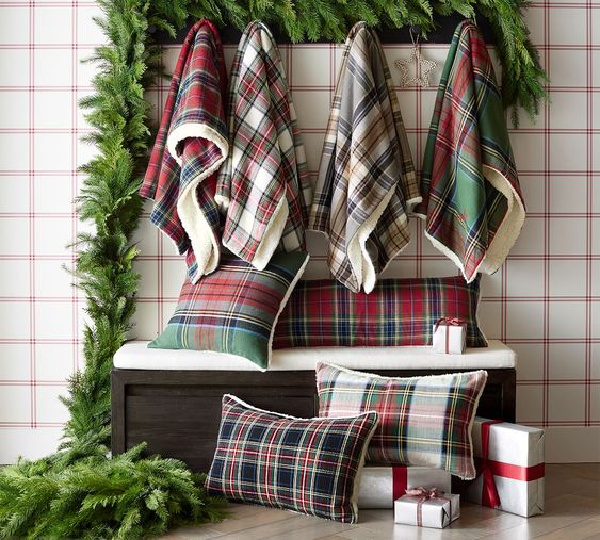 pottery barn plaid Serpa blankets and pillows