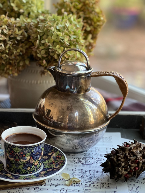 silver coffeepot with cup of cocoa