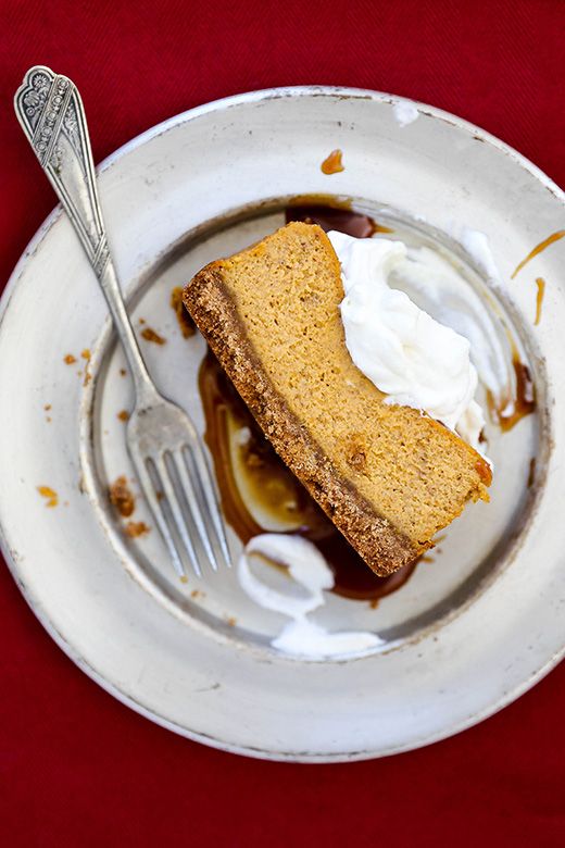 Small Batch Pumpkin Pie Cheesecake with Bourbon Whipped Cream.
