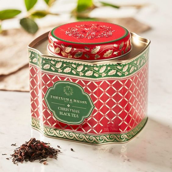 F&M christmas tea in green and red with gold canister.