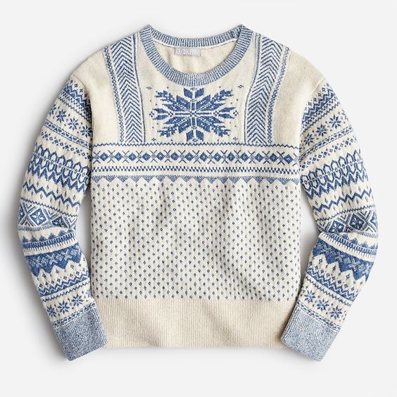 White and Blue Snowflake Fair isle sweater.