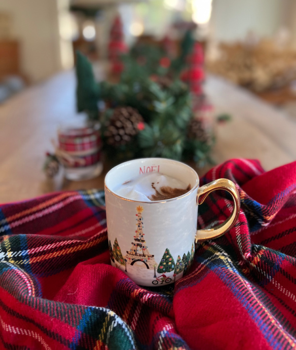 Anthropologie City Mug with hot chocolate on a plaid blanket.