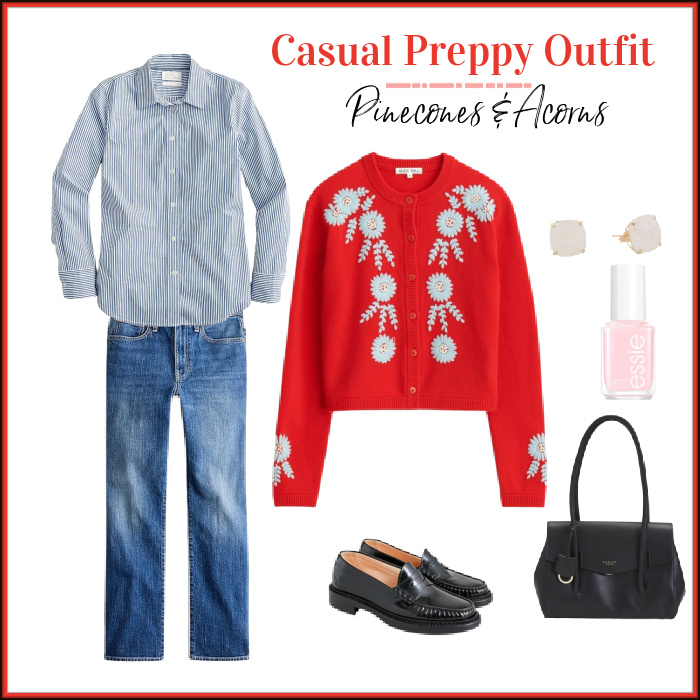 casual preppy outfit with jeans shirt red sweater and loafers.