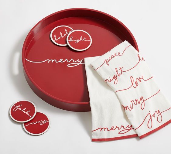 Fa la la la coasters tray and towel.