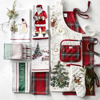 Christmas towels, oven mits and aprons.