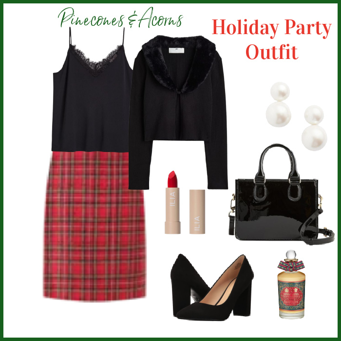 Red plaid skirt holiday outfit