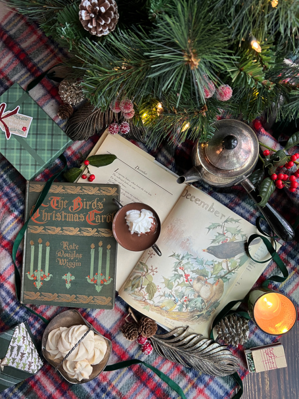 English Country cottage Christmas decor, flatlay the birds of christmas books hot chocolate vintage finds