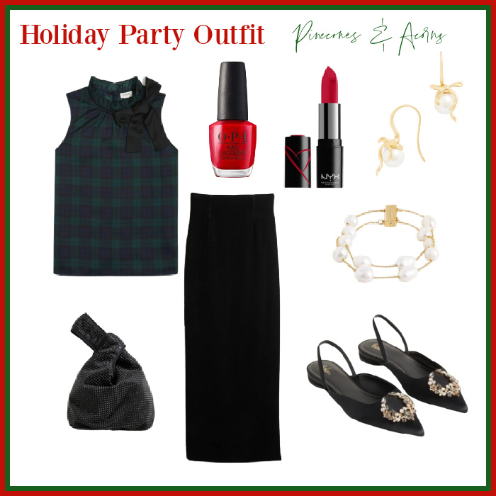holiday party outfit formal with black skirt black watch plaid blouse