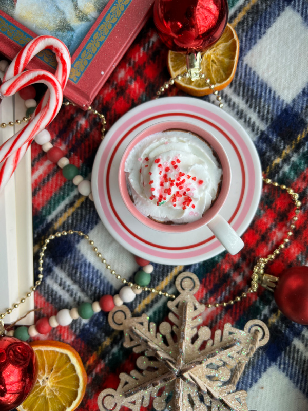 hot chocolate with whipped cream candy canes plaid flatlay
