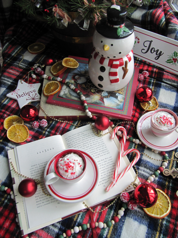 snowman book Santa candy cake hot chocolate flatlay
