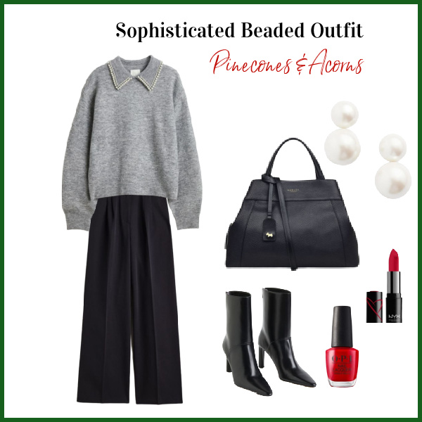 sophisticated beaded outfit with black pants, gray sweater with pearl color, pearl earrings, black boots and bag and red lipstick and nail varnish. 