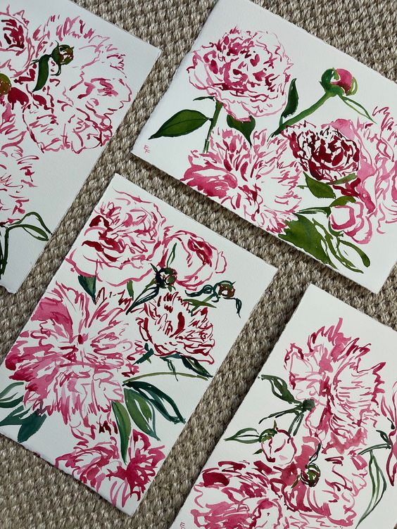 4 watercolor paintings of pink and green peonies.
