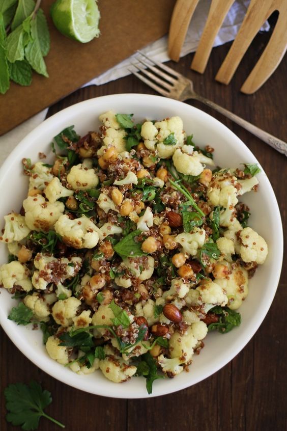 Roasted cauliflower and chickpea quinoa salad with jalapeño-lime dressing.