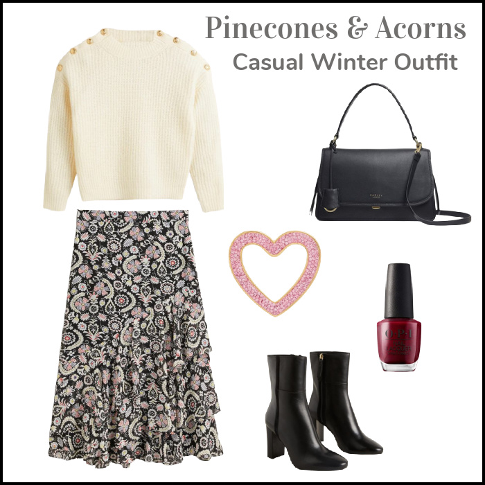 Outfit collage with a black pattern skirt, white sweater with gold buttons on the shoulders, a black bag, boots and a pink heart brooch and burgundy nail polish.