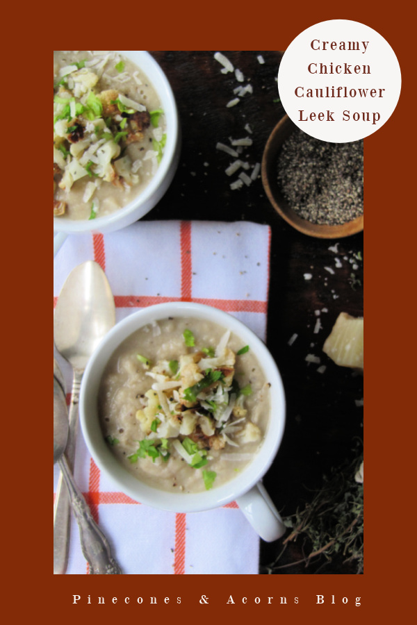 creamy chicken and leek soup in white bowls on a white and orange check towel. 