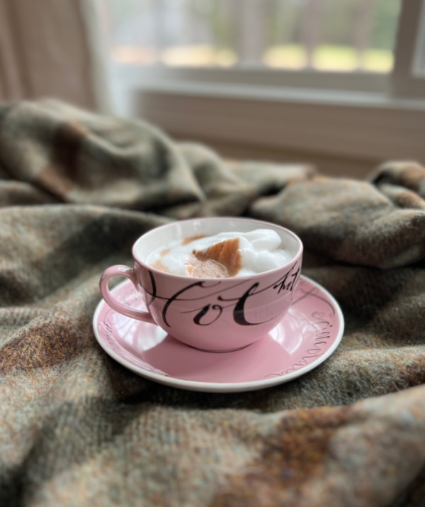 hot chocolate in a pink cup on a plaid blanket
