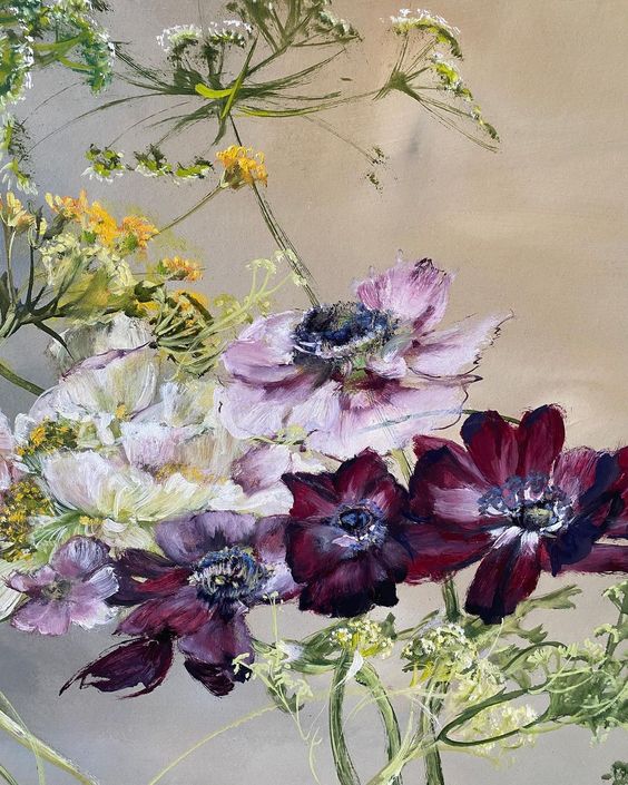 Painting of colorful purple and pink flowers. 