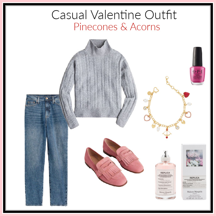 Casual valentine outfit with pink loafers, heart bracelet, jeans, gray sweater and pink nail polish, as well as flower perfumer.