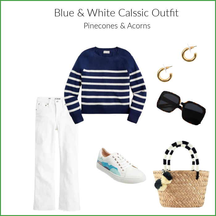 Blue & White Classic Spring Summer Outfit with blue and white stripe sweater, white jeans, gold earrings, white sneakers with blue design, and brown sunglasses and gold hoop earrings. 