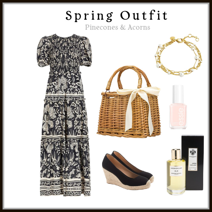 Spring Outfit collage with black and white midi dress, black wedge shoes, wicker back, pink nail polish, gold and pearl bracelet and perfume.