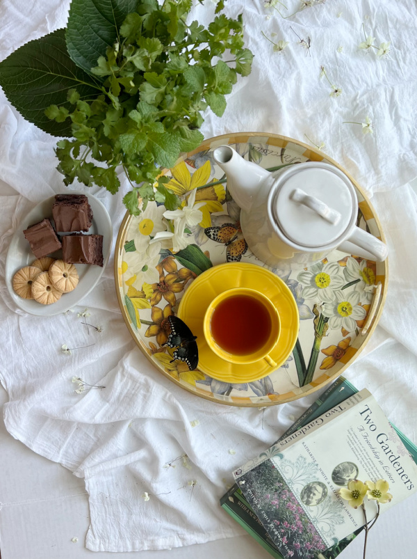 Flatlay Spring Tea tray with books.
